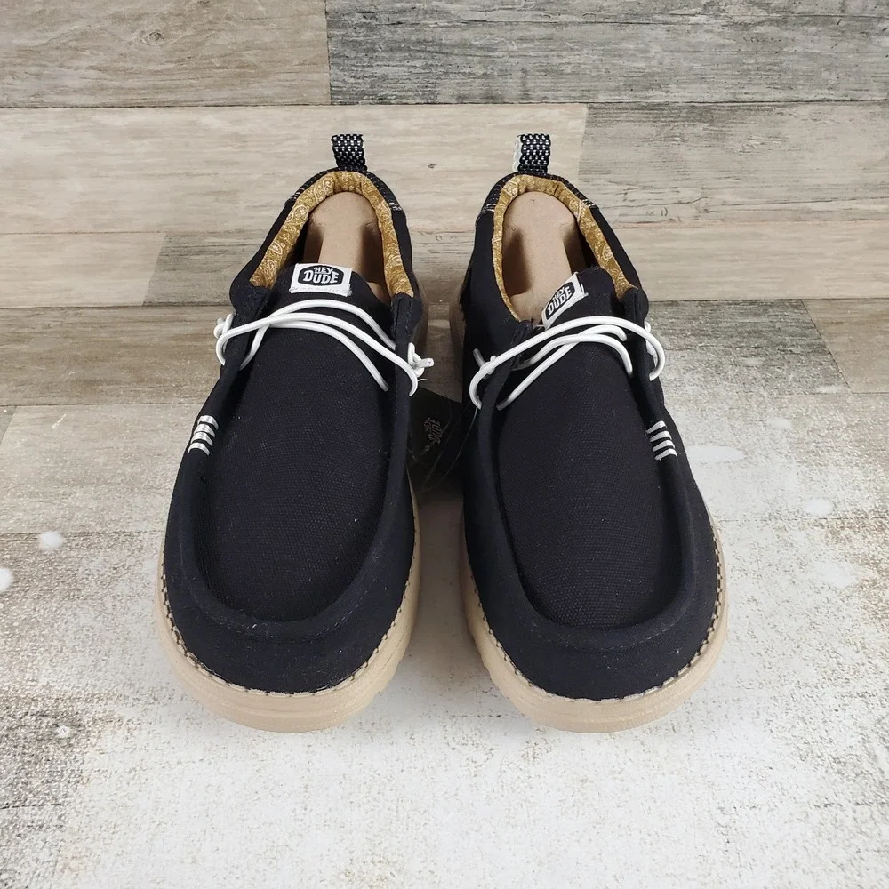 Hey Dude Wally Hickory Denim Mens Loafers Shoes Sz 9 Black Tan Comfort Round Toe